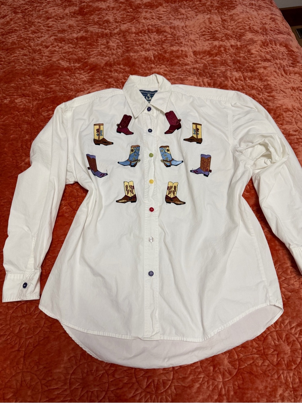 At Last White Button-Down Shirt with Colorful Embroidered Cowboy Boots